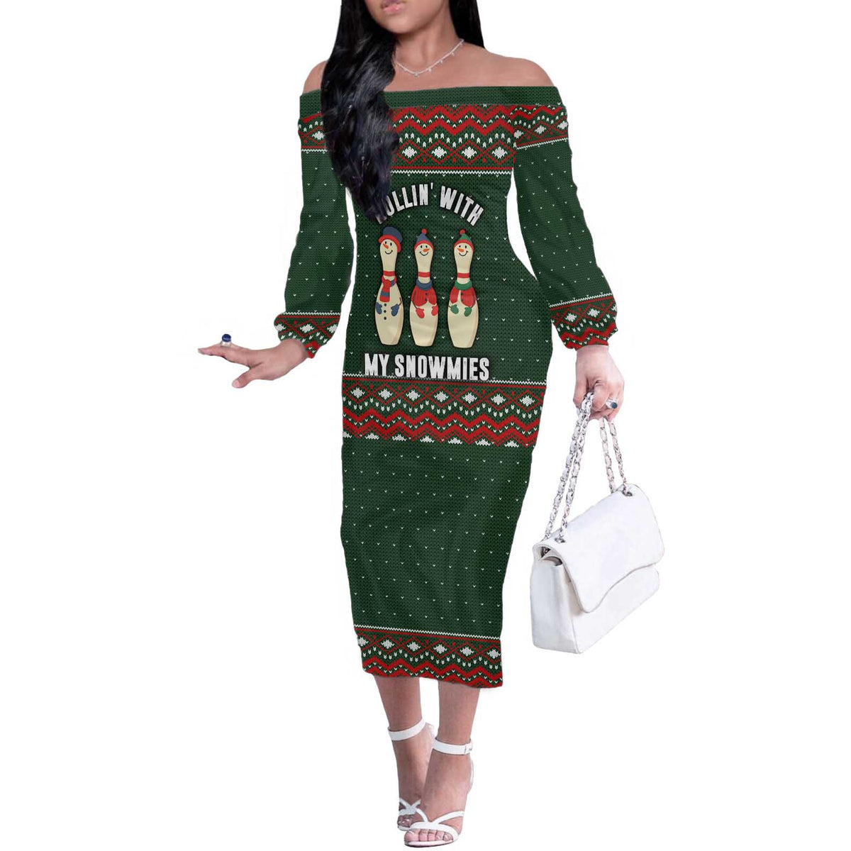 Christmas Bowling Rollin With My Snowmies Off The Shoulder Long Sleeve Dress Xmas Holiday Patterns - Wonder Print Shop