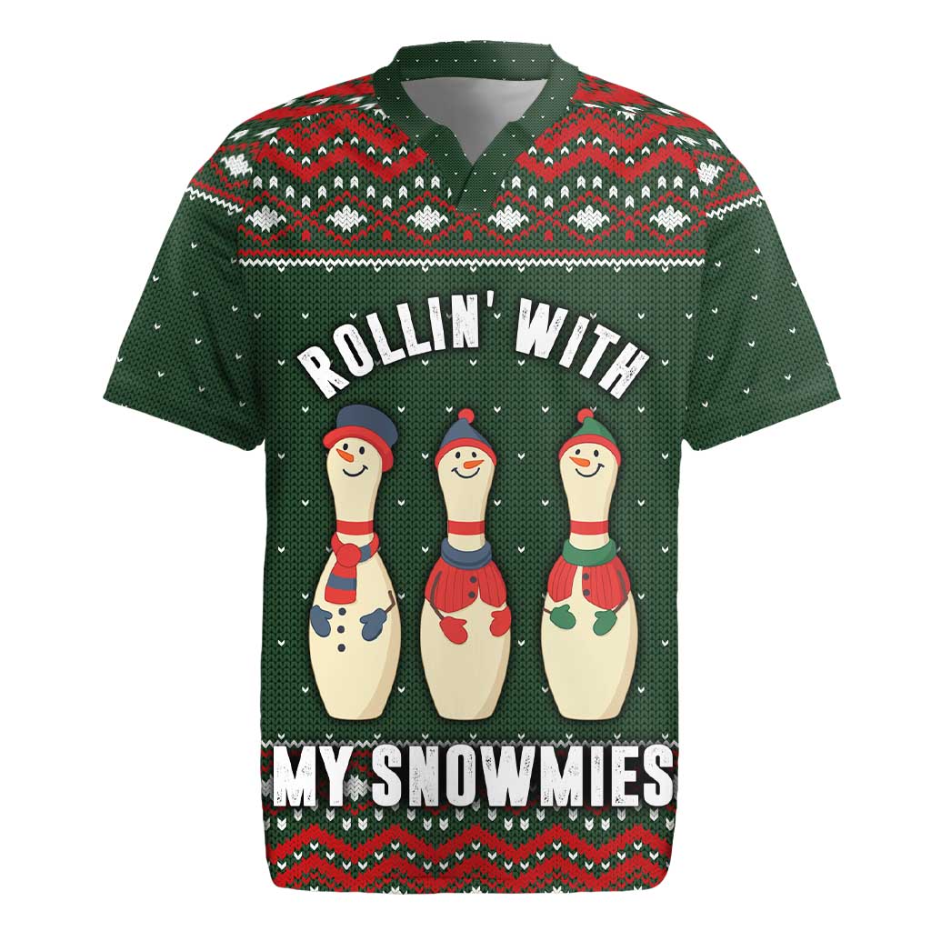 Christmas Bowling Rollin With My Snowmies Rugby Jersey Xmas Holiday Patterns - Wonder Print Shop