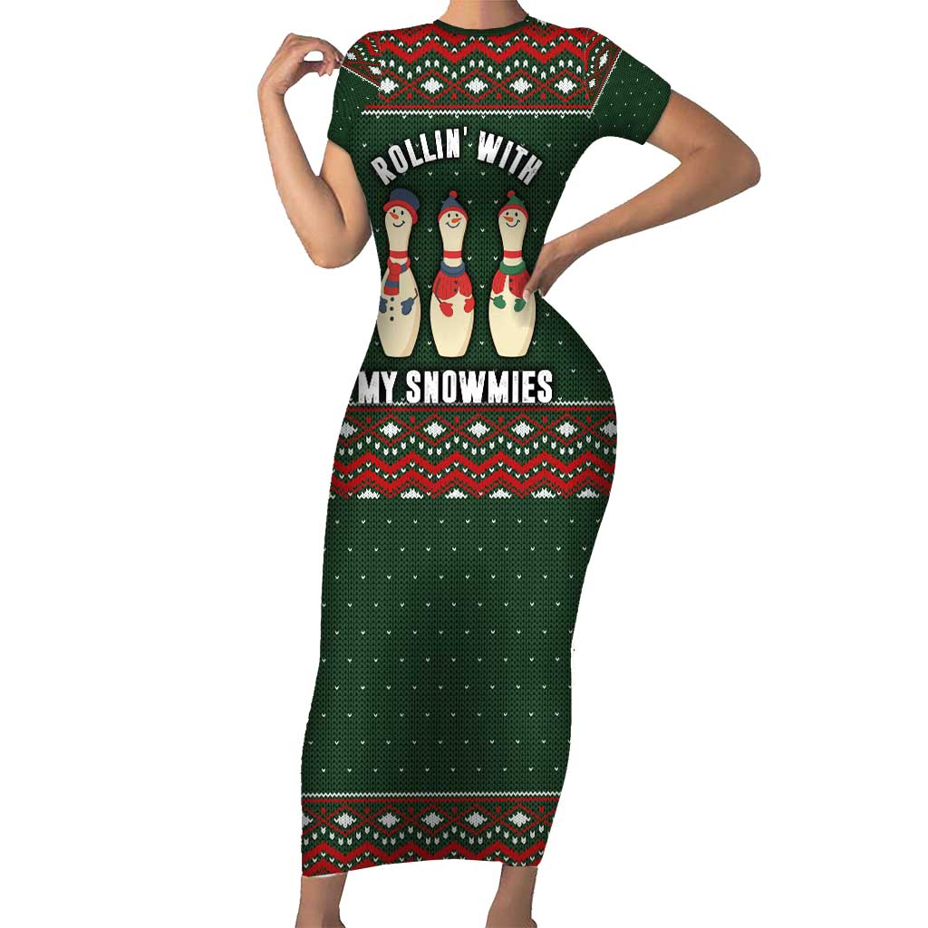 Christmas Bowling Rollin With My Snowmies Short Sleeve Bodycon Dress Xmas Holiday Patterns - Wonder Print Shop