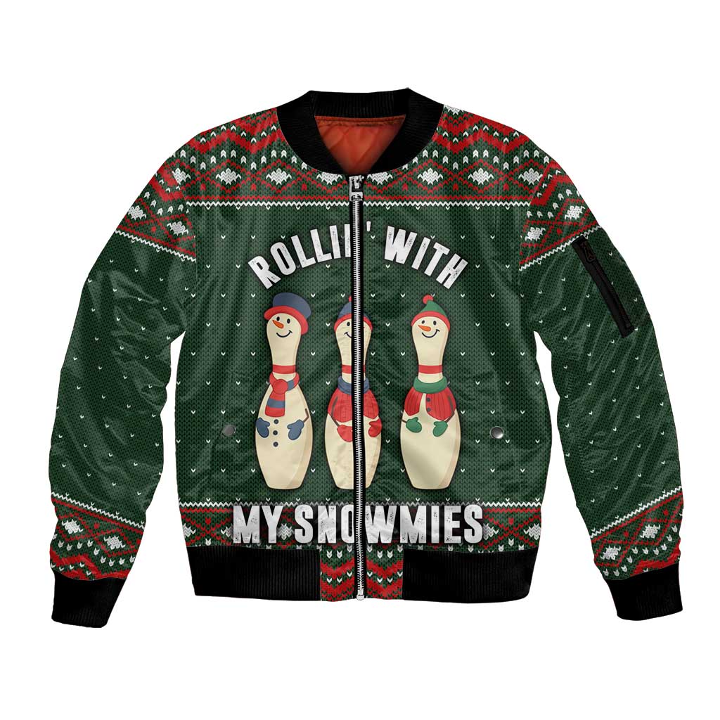 Christmas Bowling Rollin With My Snowmies Sleeve Zip Bomber Jacket Xmas Holiday Patterns - Wonder Print Shop