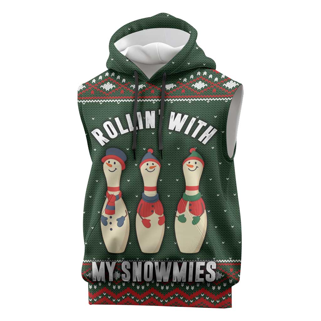 Christmas Bowling Rollin With My Snowmies Sleeveless Hoodie Xmas Holiday Patterns - Wonder Print Shop