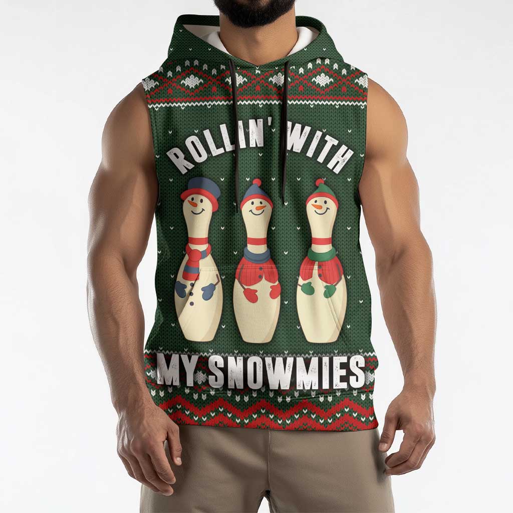 Christmas Bowling Rollin With My Snowmies Sleeveless Hoodie Xmas Holiday Patterns - Wonder Print Shop