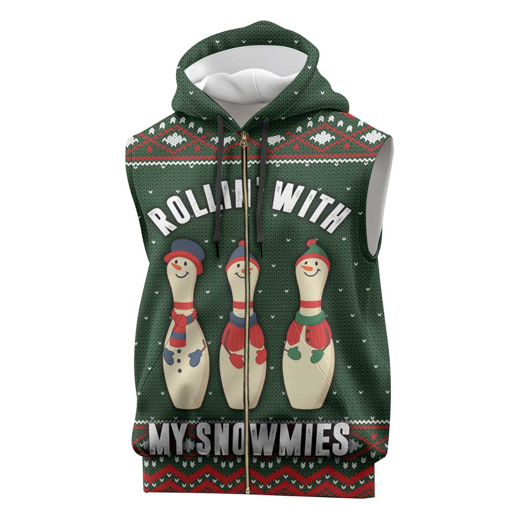 Christmas Bowling Rollin With My Snowmies Sleeveless Zip Hoodie Xmas Holiday Patterns - Wonder Print Shop
