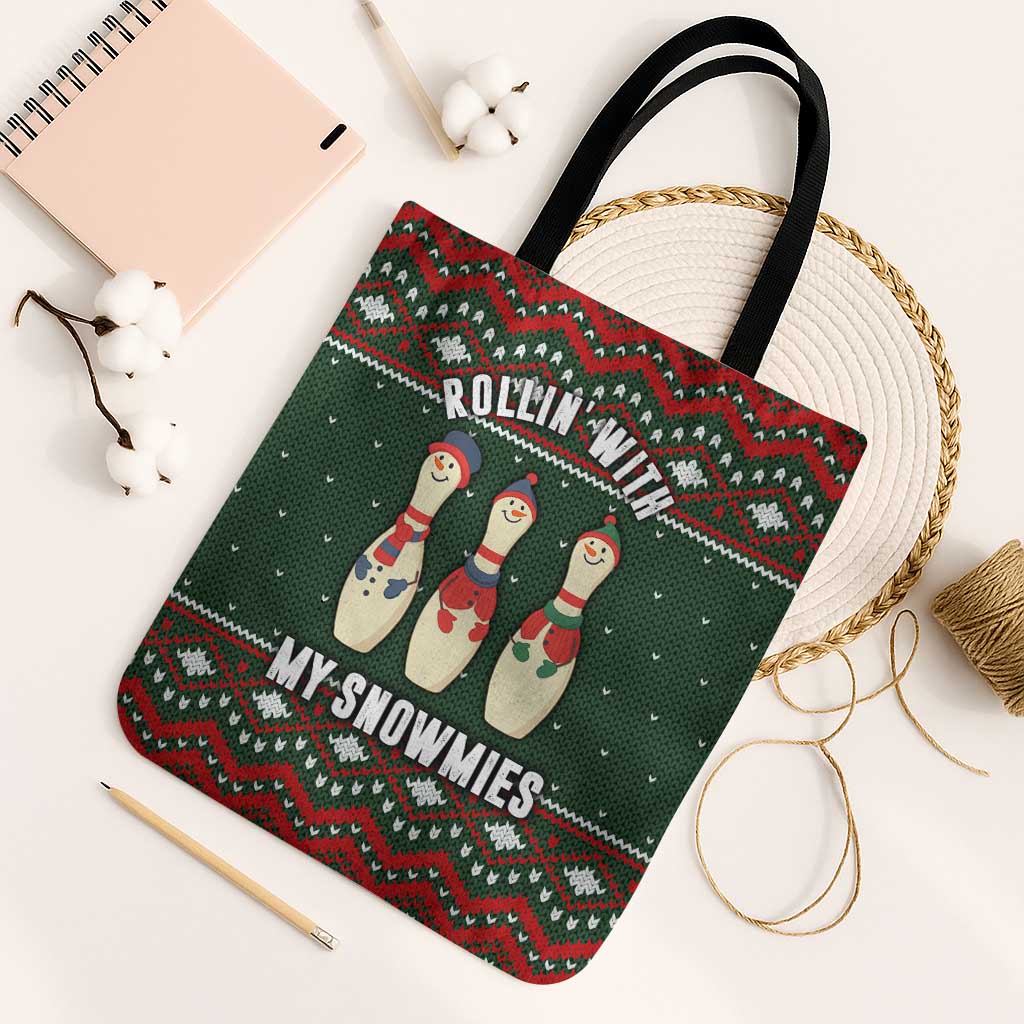 Christmas Bowling Rollin With My Snowmies Tote Bag Xmas Holiday Patterns - Wonder Print Shop