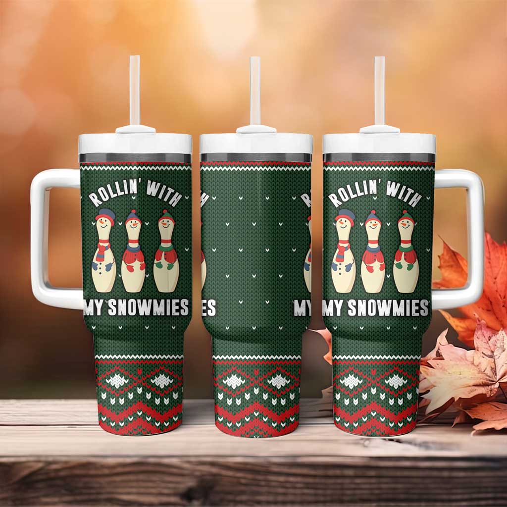 Christmas Bowling Rollin With My Snowmies Tumbler With Handle Xmas Holiday Patterns - Wonder Print Shop