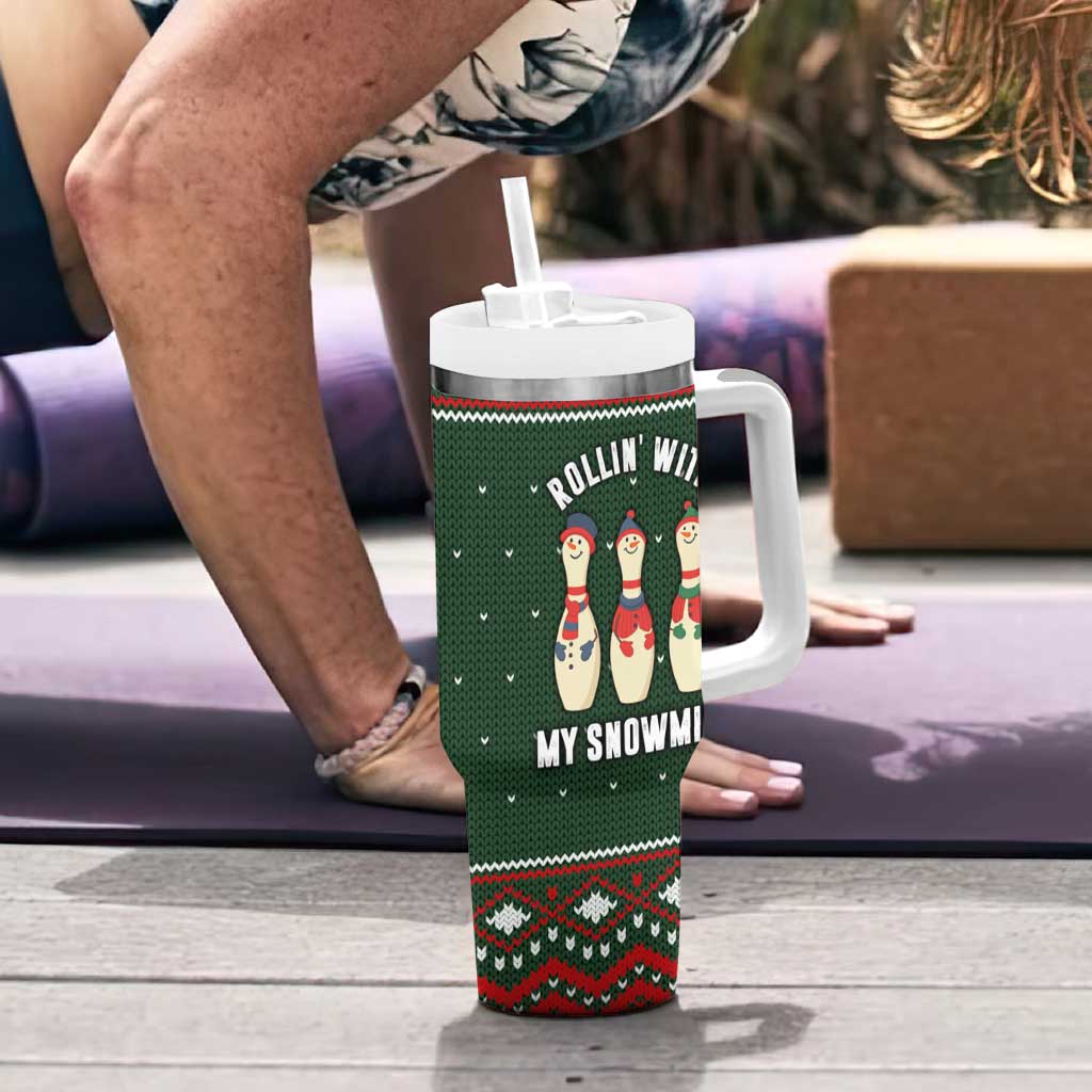 Christmas Bowling Rollin With My Snowmies Tumbler With Handle Xmas Holiday Patterns - Wonder Print Shop