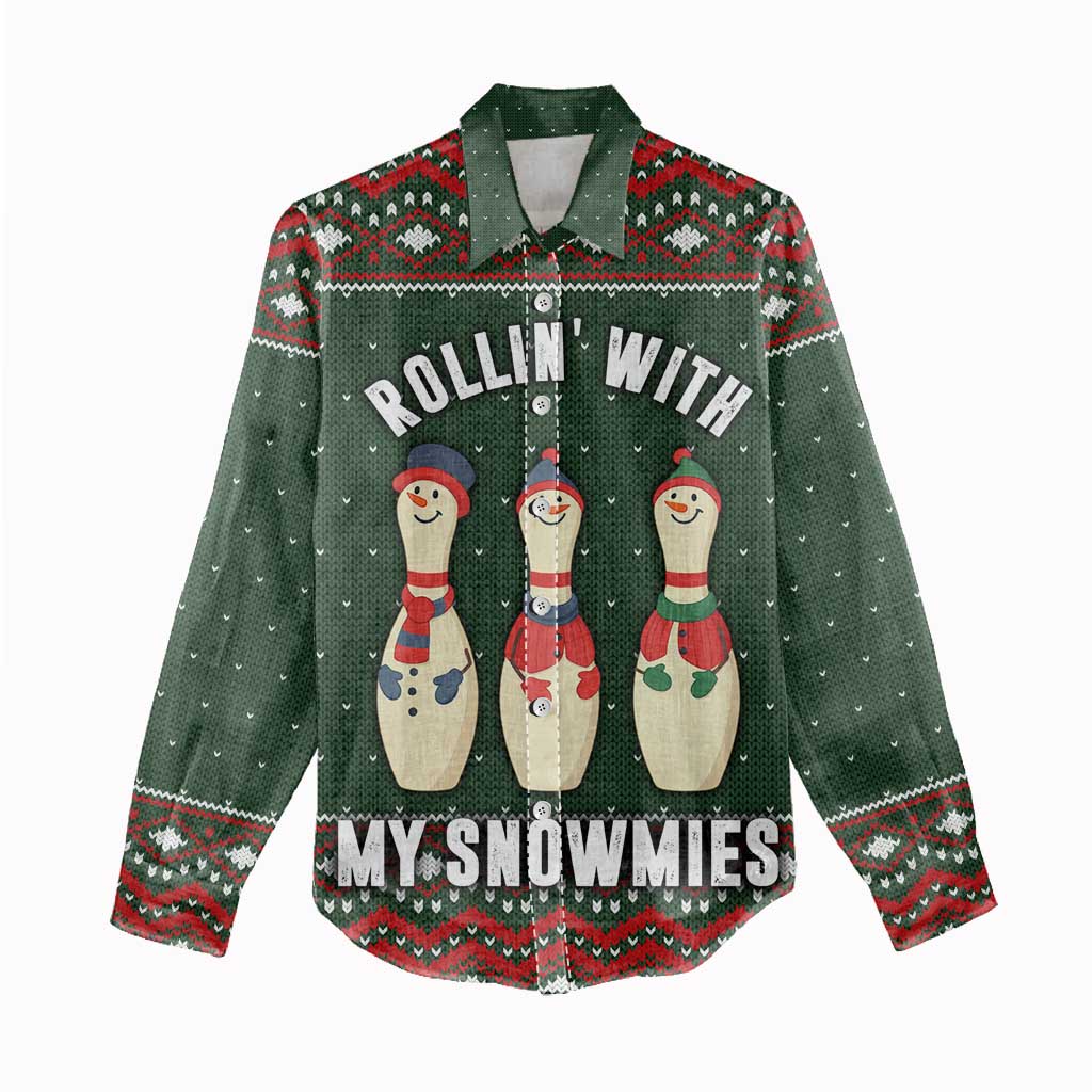 Christmas Bowling Rollin With My Snowmies Women Casual Shirt Xmas Holiday Patterns - Wonder Print Shop