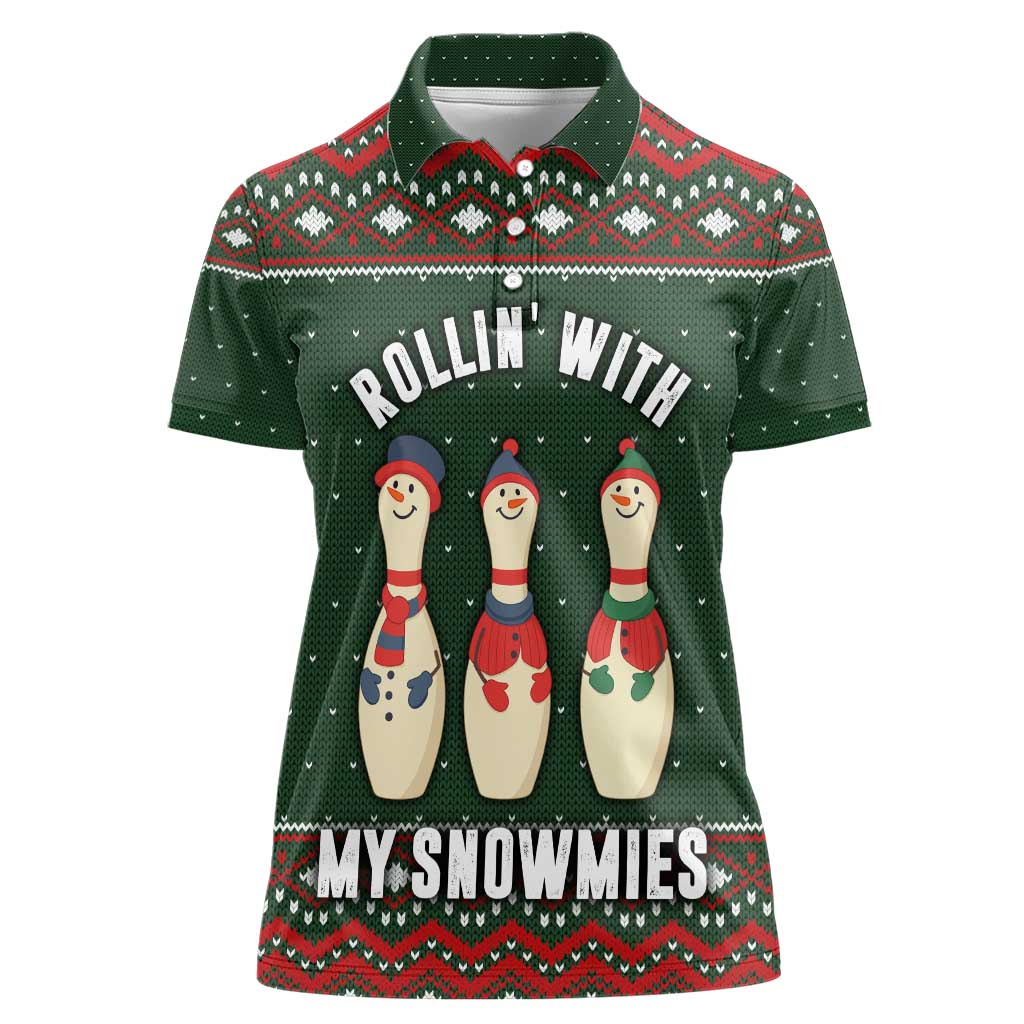 Christmas Bowling Rollin With My Snowmies Women Polo Shirt Xmas Holiday Patterns - Wonder Print Shop