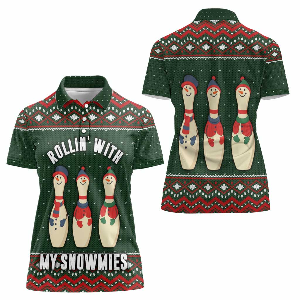 Christmas Bowling Rollin With My Snowmies Women Polo Shirt Xmas Holiday Patterns - Wonder Print Shop