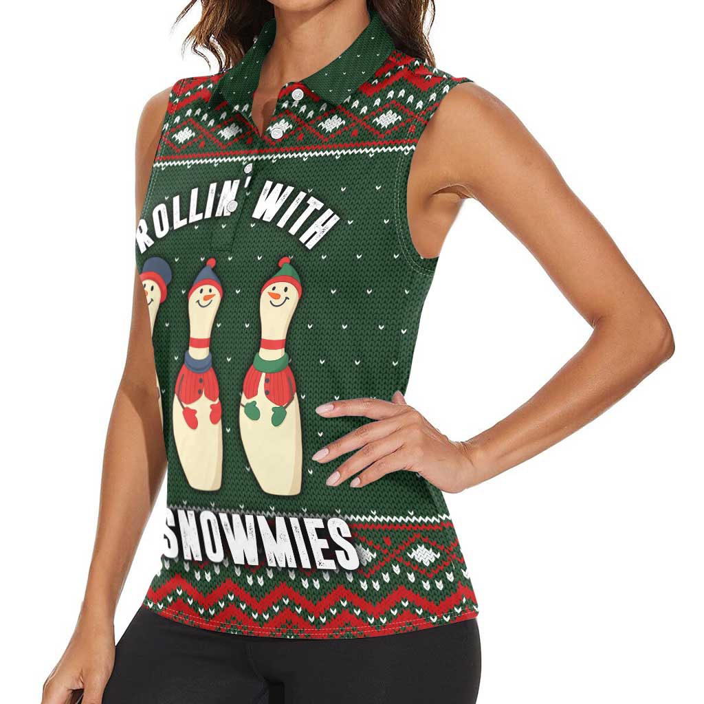 Christmas Bowling Rollin With My Snowmies Women Sleeveless Polo Shirt Xmas Holiday Patterns - Wonder Print Shop