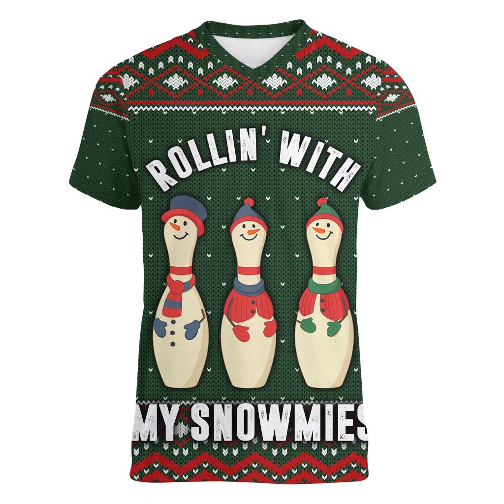Christmas Bowling Rollin With My Snowmies Women V-Neck T-Shirt Xmas Holiday Patterns - Wonder Print Shop