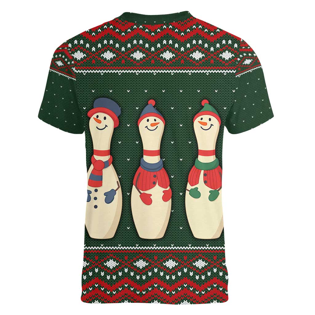 Christmas Bowling Rollin With My Snowmies Women V-Neck T-Shirt Xmas Holiday Patterns - Wonder Print Shop