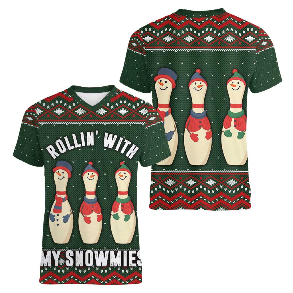 Christmas Bowling Rollin With My Snowmies Women V-Neck T-Shirt Xmas Holiday Patterns - Wonder Print Shop