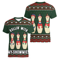 Christmas Bowling Rollin With My Snowmies Women V-Neck T-Shirt Xmas Holiday Patterns - Wonder Print Shop