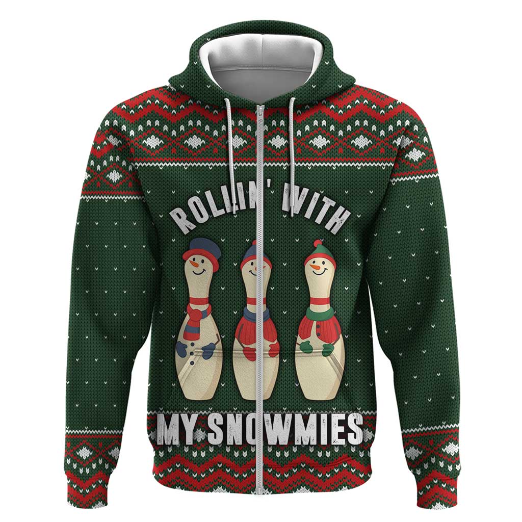 Christmas Bowling Rollin With My Snowmies Zip Hoodie Xmas Holiday Patterns - Wonder Print Shop