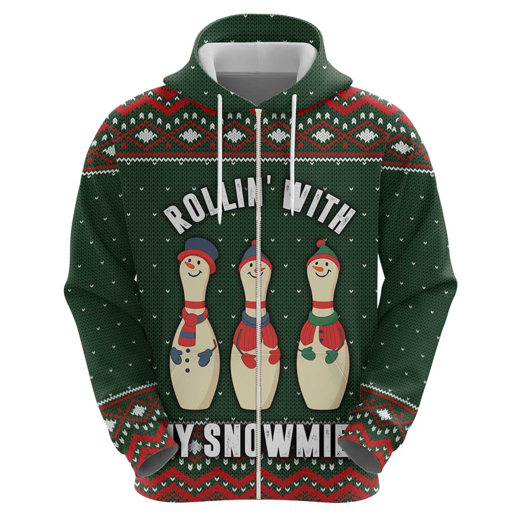 Christmas Bowling Rollin With My Snowmies Zip Hoodie Xmas Holiday Patterns - Wonder Print Shop