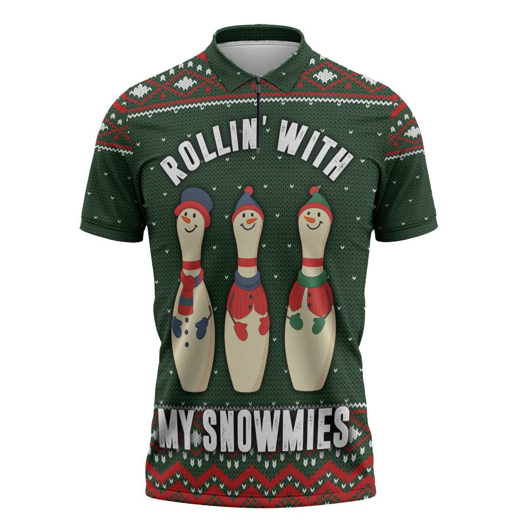 Christmas Bowling Rollin With My Snowmies Zipper Polo Shirt Xmas Holiday Patterns - Wonder Print Shop