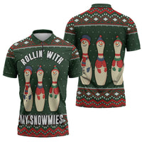 Christmas Bowling Rollin With My Snowmies Zipper Polo Shirt Xmas Holiday Patterns - Wonder Print Shop