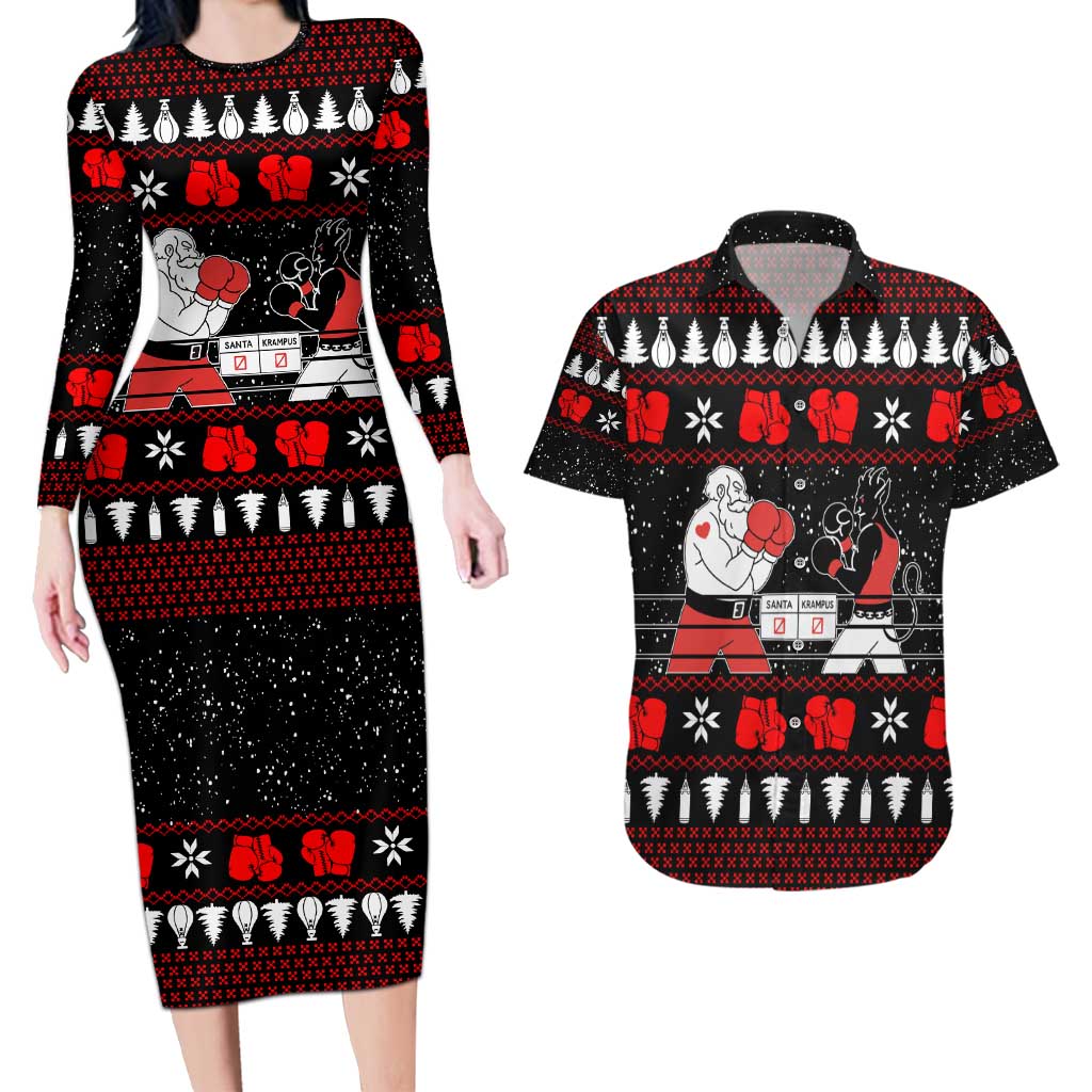 Christmas Boxing Santa And Krampus Couples Matching Long Sleeve Bodycon Dress and Hawaiian Shirt Xmas Holiday Patterns - Wonder Print Shop