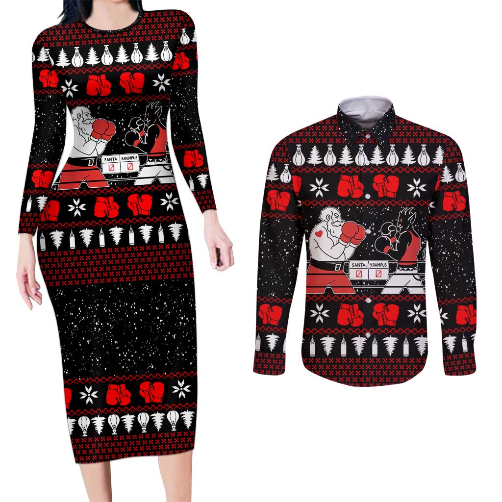 Christmas Boxing Santa And Krampus Couples Matching Long Sleeve Bodycon Dress and Long Sleeve Button Shirt Xmas Holiday Patterns - Wonder Print Shop