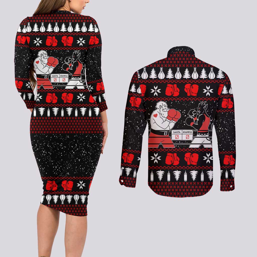 Christmas Boxing Santa And Krampus Couples Matching Long Sleeve Bodycon Dress and Long Sleeve Button Shirt Xmas Holiday Patterns - Wonder Print Shop