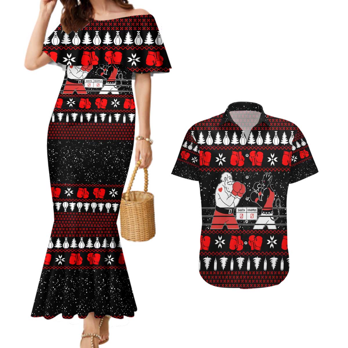 Christmas Boxing Santa And Krampus Couples Matching Mermaid Dress and Hawaiian Shirt Xmas Holiday Patterns - Wonder Print Shop