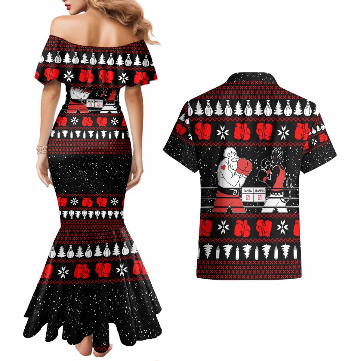 Christmas Boxing Santa And Krampus Couples Matching Mermaid Dress and Hawaiian Shirt Xmas Holiday Patterns - Wonder Print Shop