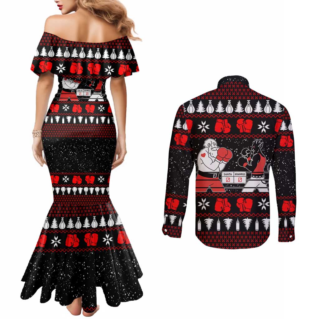 Christmas Boxing Santa And Krampus Couples Matching Mermaid Dress and Long Sleeve Button Shirt Xmas Holiday Patterns - Wonder Print Shop