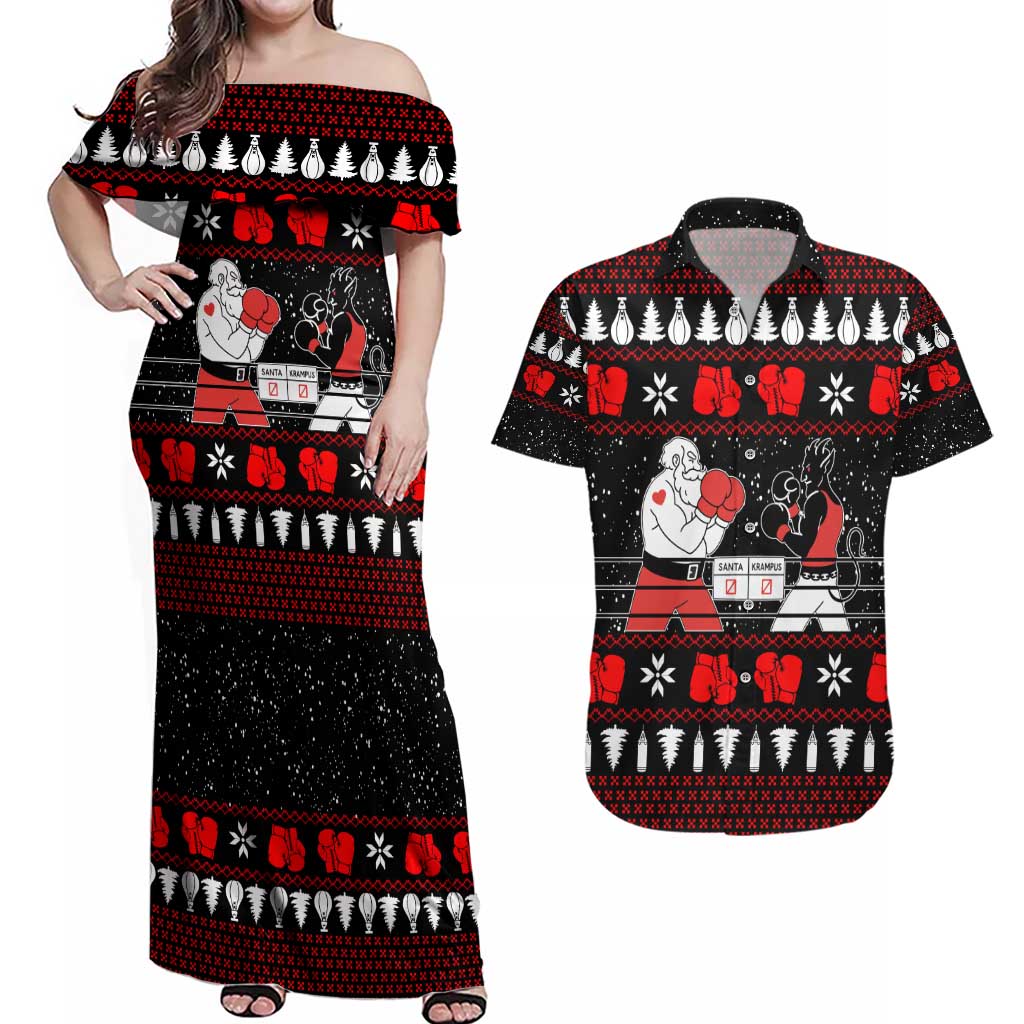 Christmas Boxing Santa And Krampus Couples Matching Off Shoulder Maxi Dress and Hawaiian Shirt Xmas Holiday Patterns - Wonder Print Shop