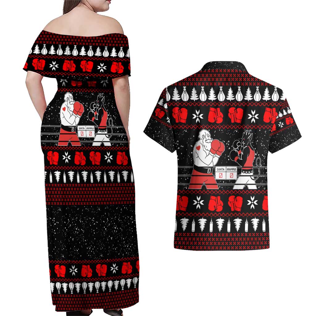 Christmas Boxing Santa And Krampus Couples Matching Off Shoulder Maxi Dress and Hawaiian Shirt Xmas Holiday Patterns - Wonder Print Shop