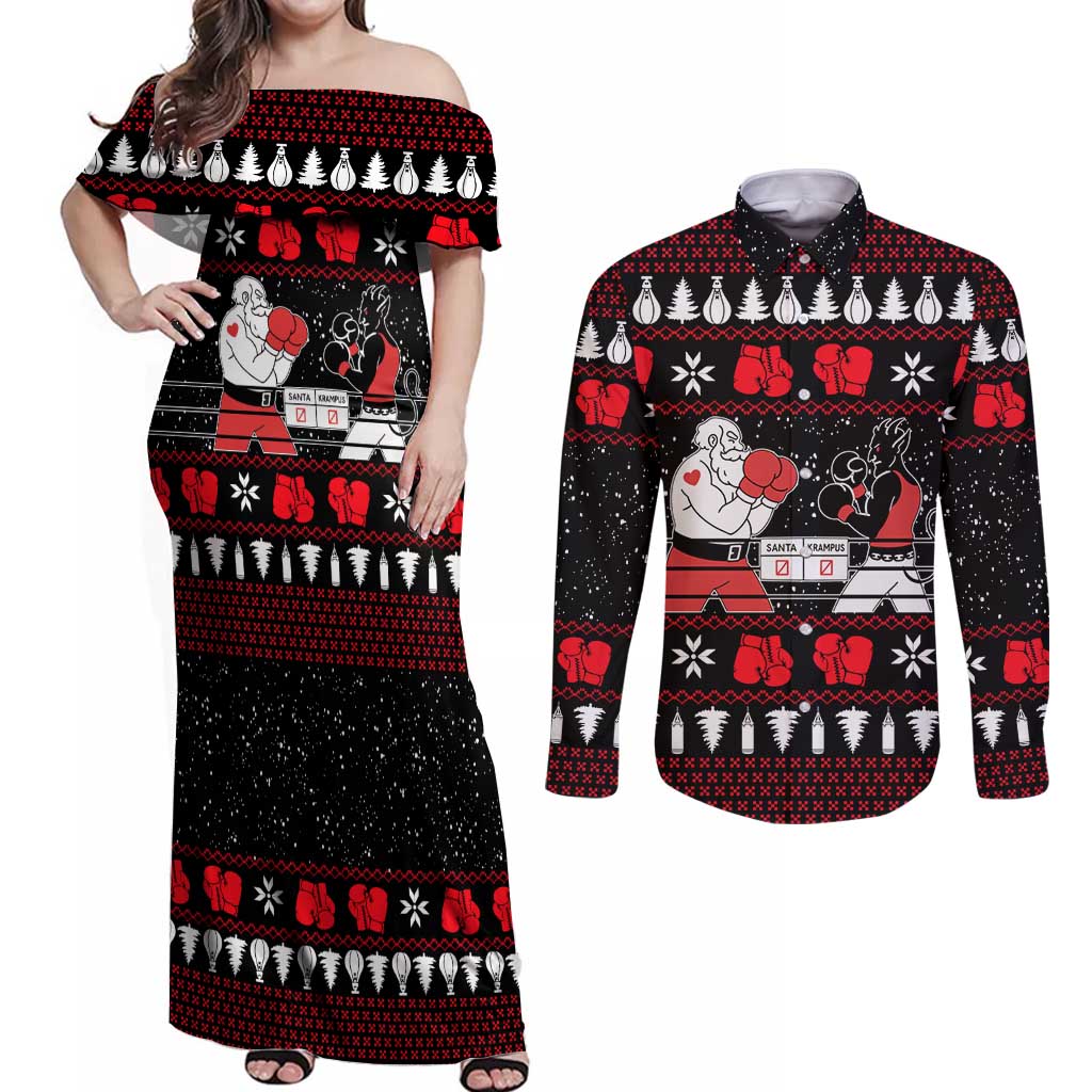 Christmas Boxing Santa And Krampus Couples Matching Off Shoulder Maxi Dress and Long Sleeve Button Shirt Xmas Holiday Patterns - Wonder Print Shop