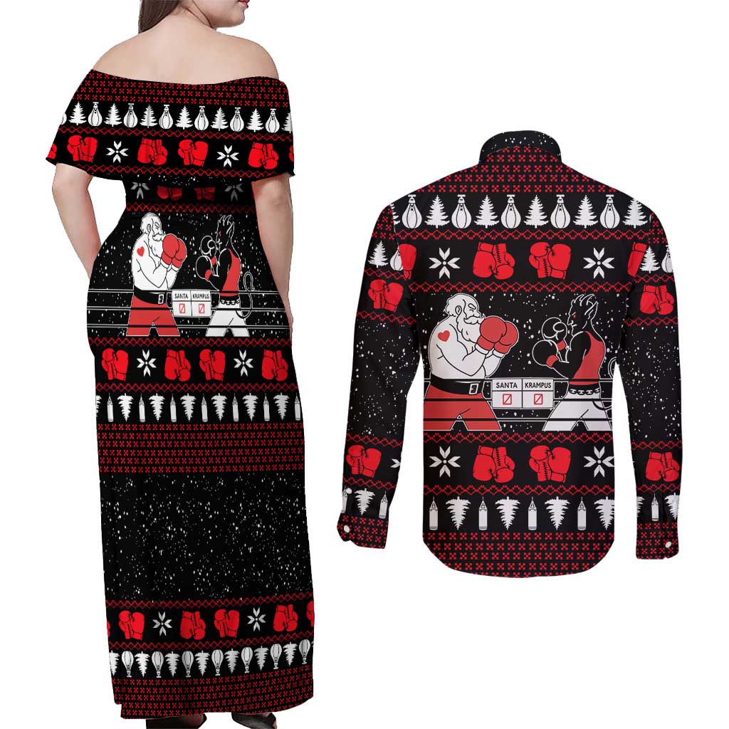 Christmas Boxing Santa And Krampus Couples Matching Off Shoulder Maxi Dress and Long Sleeve Button Shirt Xmas Holiday Patterns - Wonder Print Shop