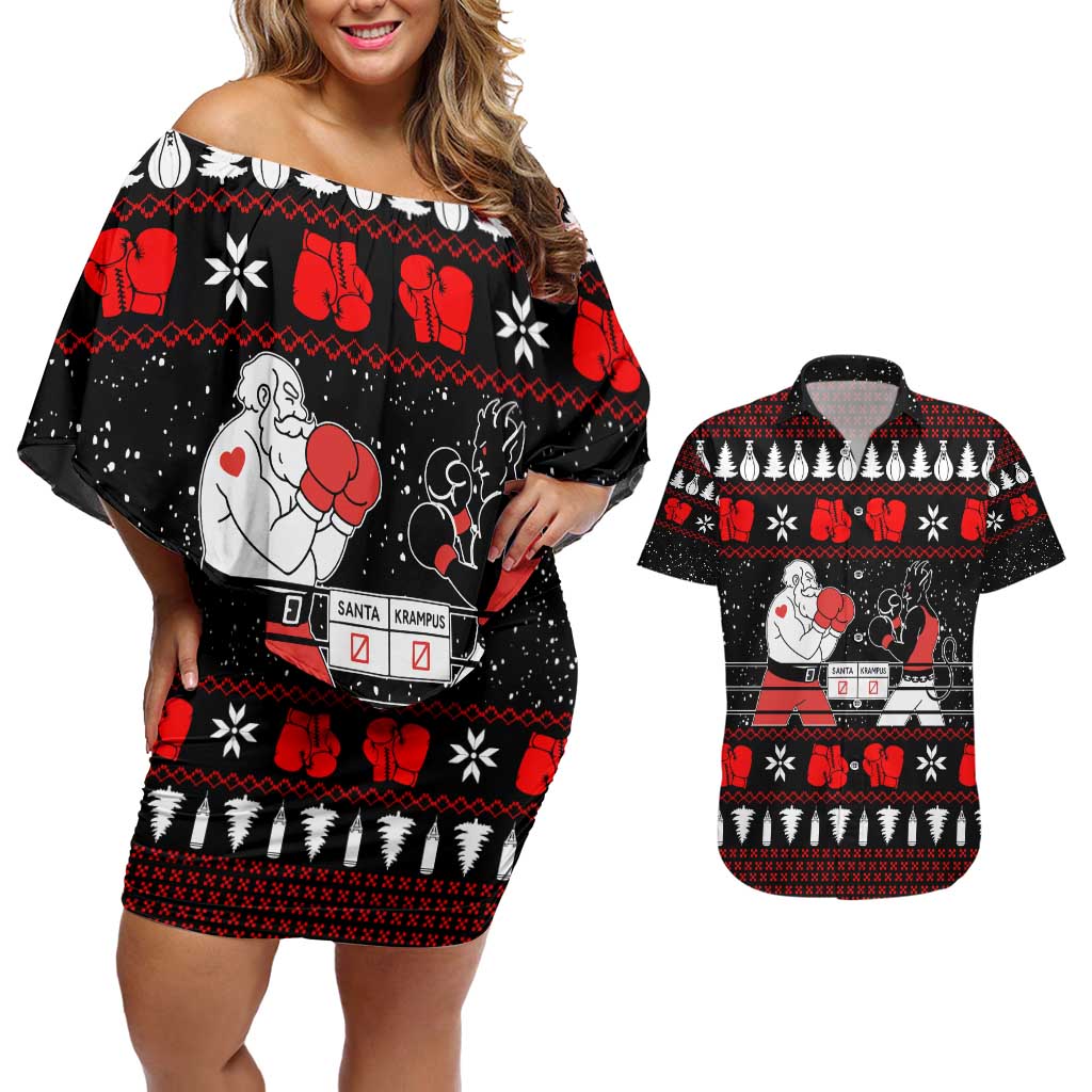 Christmas Boxing Santa And Krampus Couples Matching Off Shoulder Short Dress and Hawaiian Shirt Xmas Holiday Patterns - Wonder Print Shop