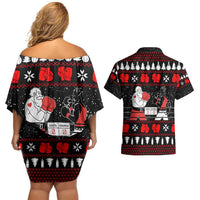 Christmas Boxing Santa And Krampus Couples Matching Off Shoulder Short Dress and Hawaiian Shirt Xmas Holiday Patterns - Wonder Print Shop