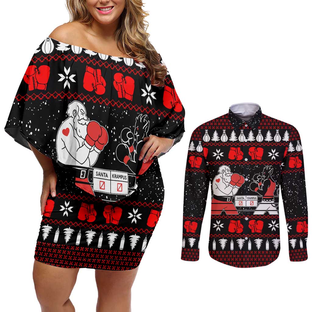 Christmas Boxing Santa And Krampus Couples Matching Off Shoulder Short Dress and Long Sleeve Button Shirt Xmas Holiday Patterns - Wonder Print Shop
