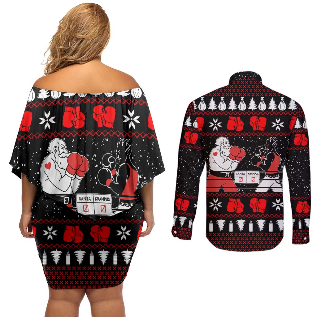 Christmas Boxing Santa And Krampus Couples Matching Off Shoulder Short Dress and Long Sleeve Button Shirt Xmas Holiday Patterns - Wonder Print Shop