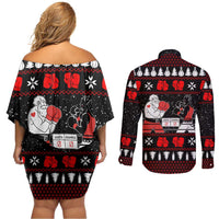 Christmas Boxing Santa And Krampus Couples Matching Off Shoulder Short Dress and Long Sleeve Button Shirt Xmas Holiday Patterns - Wonder Print Shop