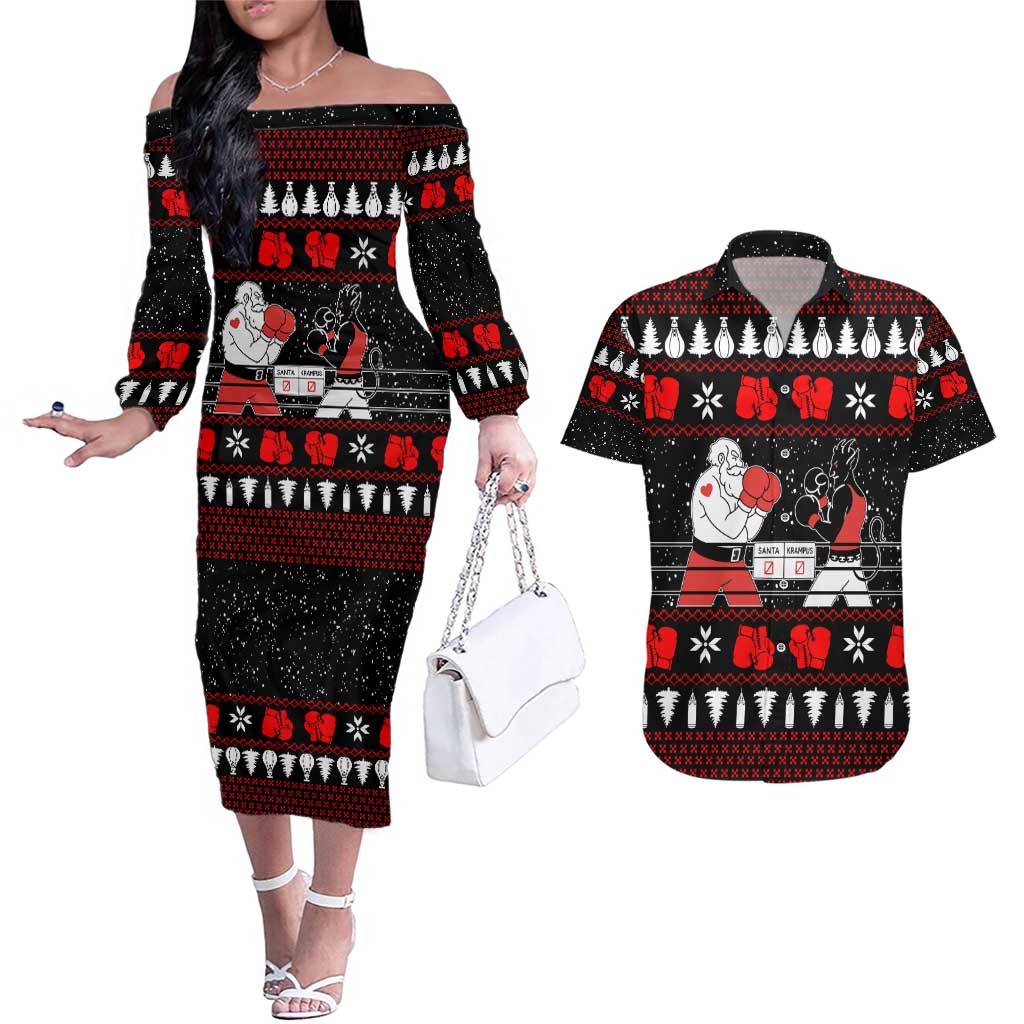 Christmas Boxing Santa And Krampus Couples Matching Off The Shoulder Long Sleeve Dress and Hawaiian Shirt Xmas Holiday Patterns - Wonder Print Shop