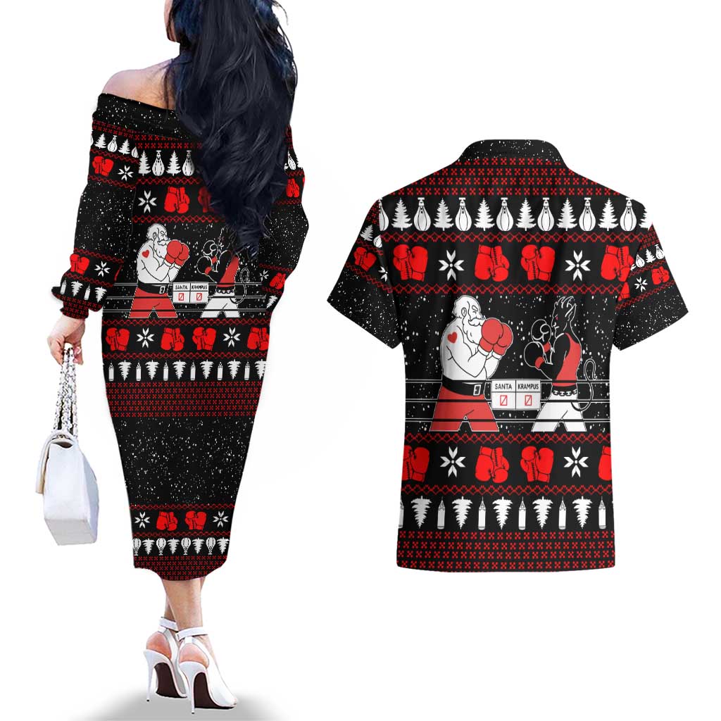 Christmas Boxing Santa And Krampus Couples Matching Off The Shoulder Long Sleeve Dress and Hawaiian Shirt Xmas Holiday Patterns - Wonder Print Shop