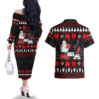 Christmas Boxing Santa And Krampus Couples Matching Off The Shoulder Long Sleeve Dress and Hawaiian Shirt Xmas Holiday Patterns - Wonder Print Shop