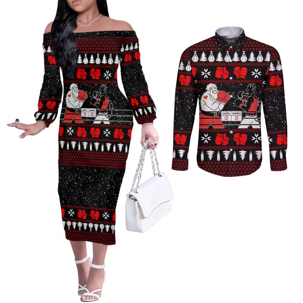 Christmas Boxing Santa And Krampus Couples Matching Off The Shoulder Long Sleeve Dress and Long Sleeve Button Shirt Xmas Holiday Patterns - Wonder Print Shop