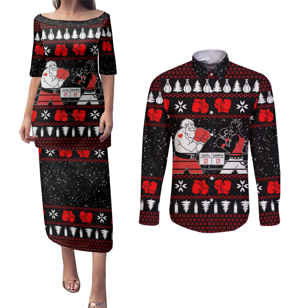 Christmas Boxing Santa And Krampus Couples Matching Puletasi and Long Sleeve Button Shirt Xmas Holiday Patterns - Wonder Print Shop