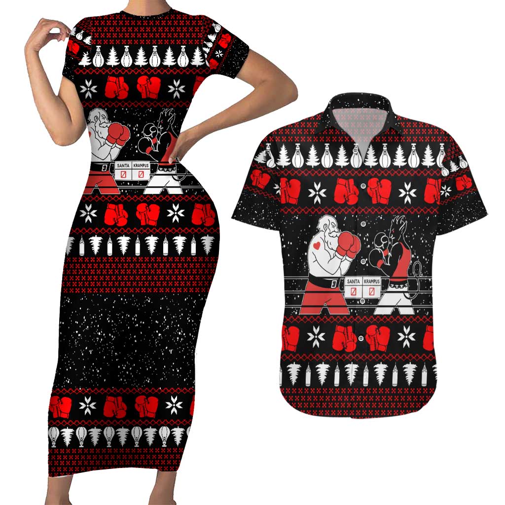 Christmas Boxing Santa And Krampus Couples Matching Short Sleeve Bodycon Dress and Hawaiian Shirt Xmas Holiday Patterns - Wonder Print Shop