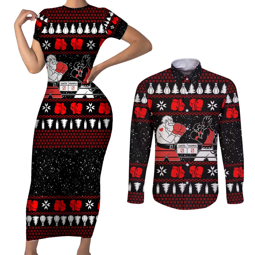 Christmas Boxing Santa And Krampus Couples Matching Short Sleeve Bodycon Dress and Long Sleeve Button Shirt Xmas Holiday Patterns - Wonder Print Shop