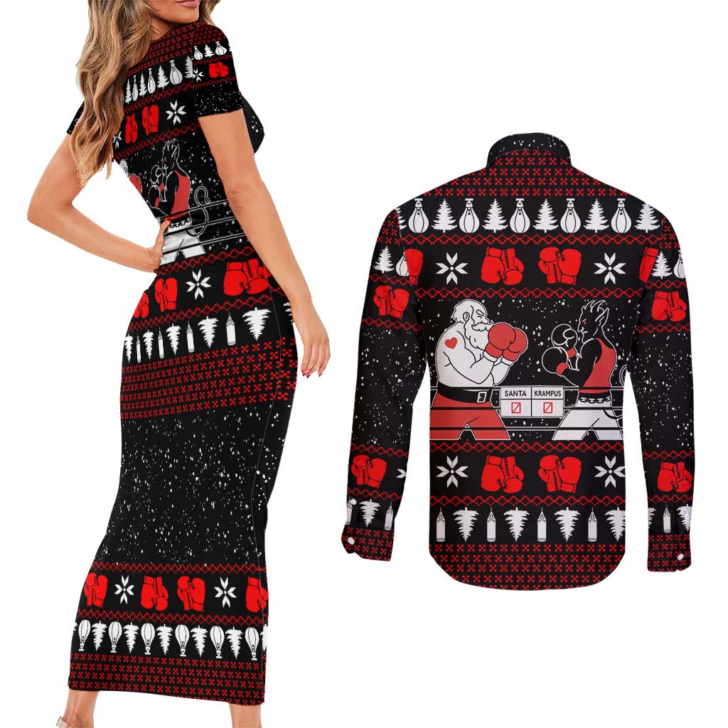 Christmas Boxing Santa And Krampus Couples Matching Short Sleeve Bodycon Dress and Long Sleeve Button Shirt Xmas Holiday Patterns - Wonder Print Shop