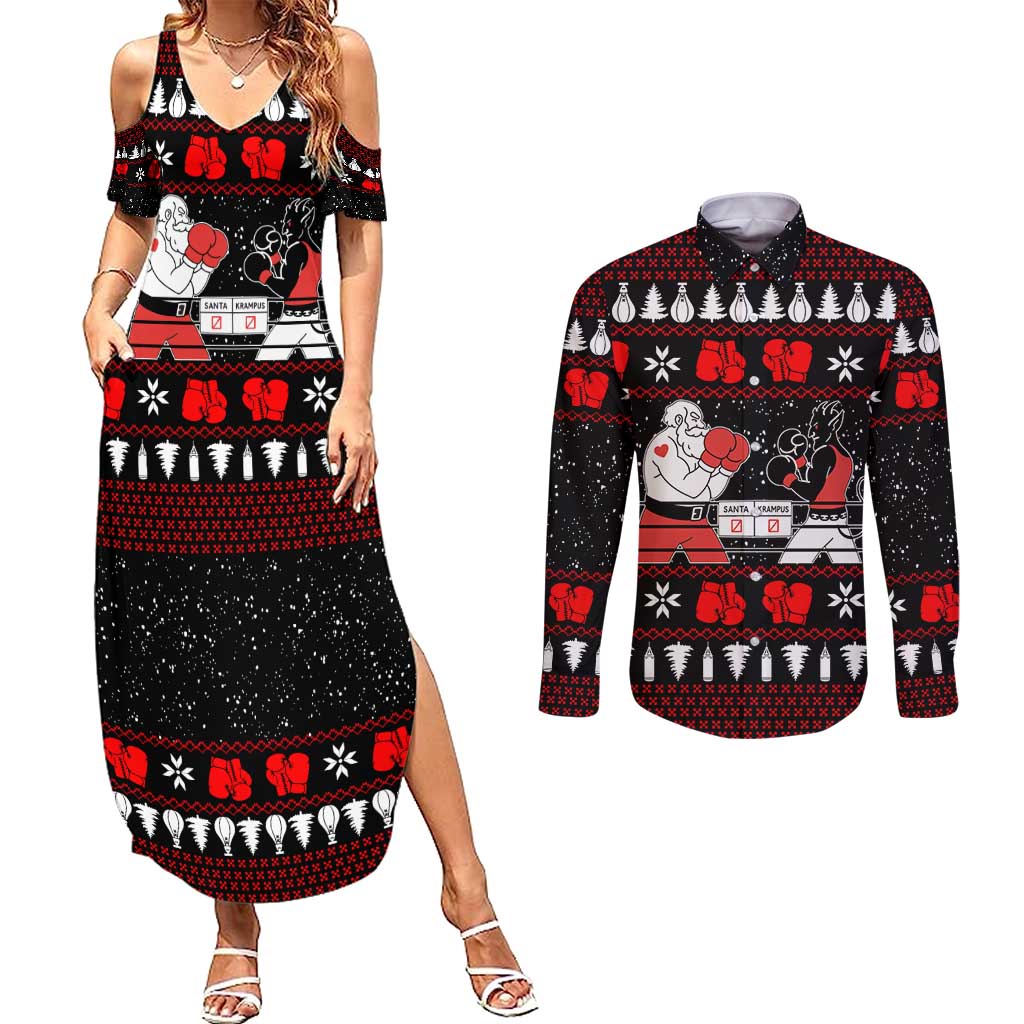 Christmas Boxing Santa And Krampus Couples Matching Summer Maxi Dress and Long Sleeve Button Shirt Xmas Holiday Patterns - Wonder Print Shop