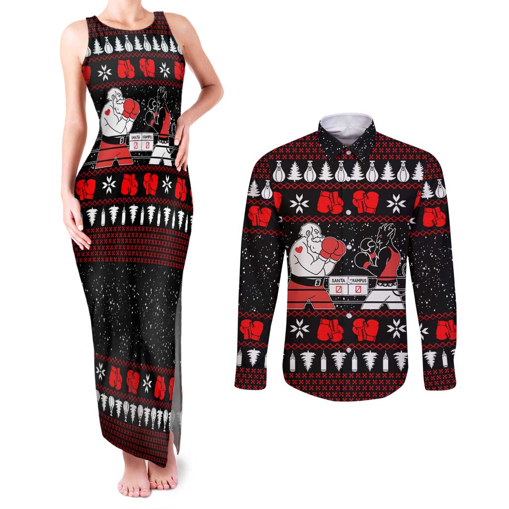 Christmas Boxing Santa And Krampus Couples Matching Tank Maxi Dress and Long Sleeve Button Shirt Xmas Holiday Patterns - Wonder Print Shop