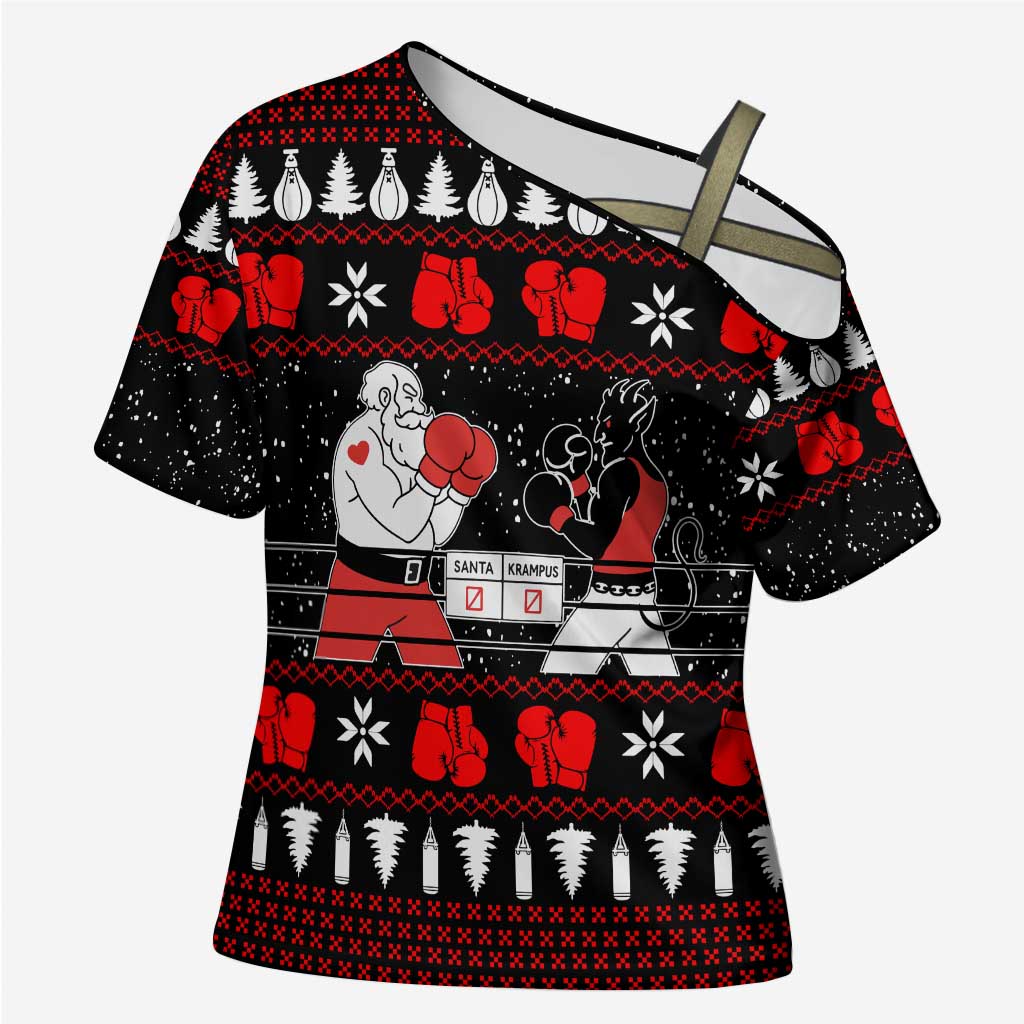 Christmas Boxing Santa And Krampus Cross Shoulder Shirt Xmas Holiday Patterns - Wonder Print Shop
