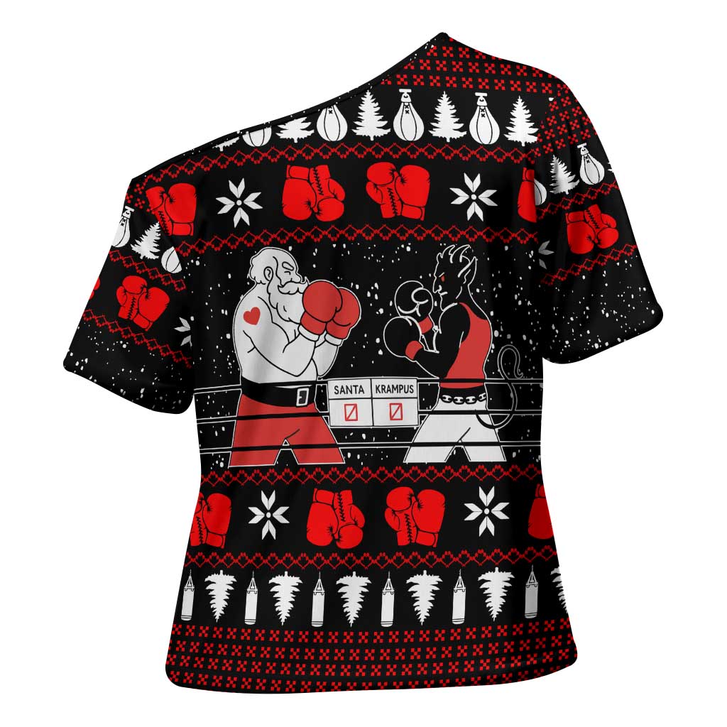 Christmas Boxing Santa And Krampus Cross Shoulder Shirt Xmas Holiday Patterns - Wonder Print Shop