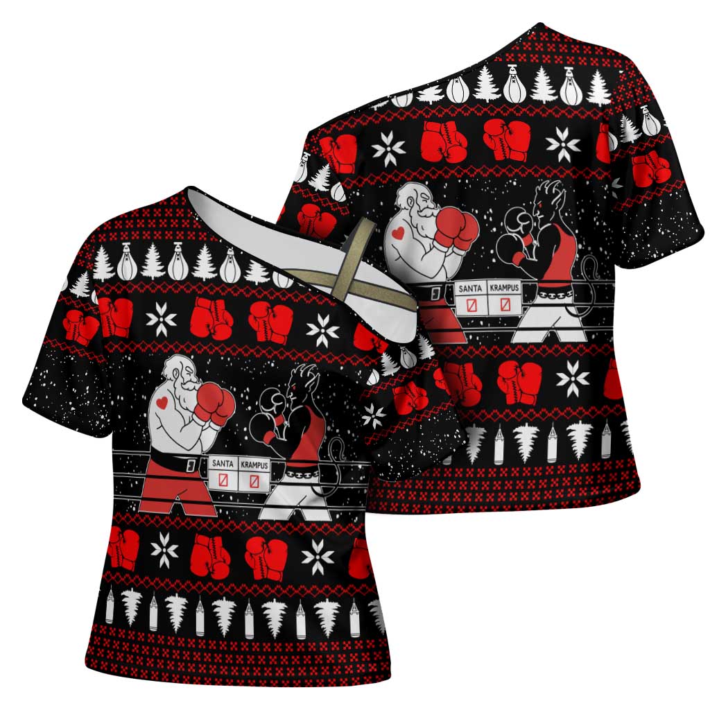 Christmas Boxing Santa And Krampus Cross Shoulder Shirt Xmas Holiday Patterns - Wonder Print Shop
